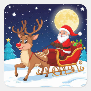 Santa And Reindeer Flying Through Snowy Moonlit Square Sticker
