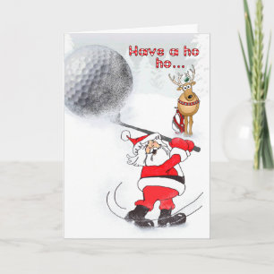 Santa and reindeer friend golfing. holiday card