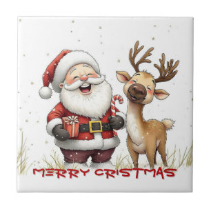 Santa and Reindeer in Festive Cartoon Style Ceramic Tile