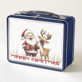 Santa and Reindeer in Festive Cartoon Style Metal Lunch Box