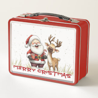 Santa and Reindeer in Festive Cartoon Style Metal Lunch Box