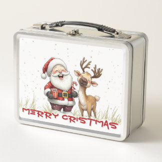 Santa and Reindeer in Festive Cartoon Style Metal Lunch Box