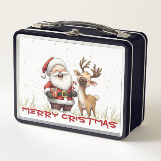 Santa and Reindeer in Festive Cartoon Style Metal Lunch Box