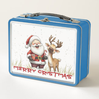 Santa and Reindeer in Festive Cartoon Style Metal Lunch Box