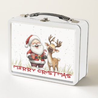 Santa and Reindeer in Festive Cartoon Style Metal Lunch Box