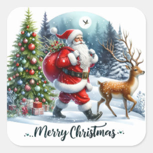 Santa and Reindeer in Snowy Forest Square Sticker