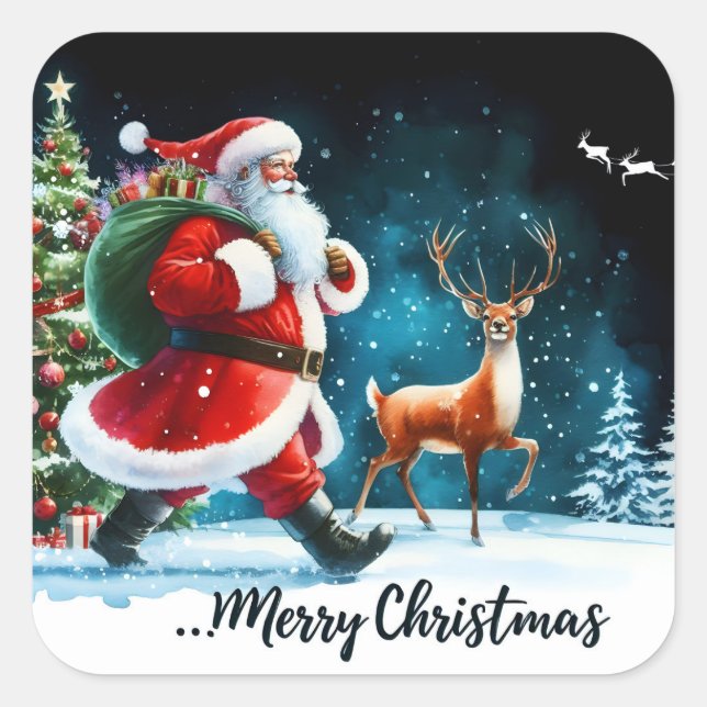 Santa and Reindeer Joyfully Celebrate Square Sticker (Front)