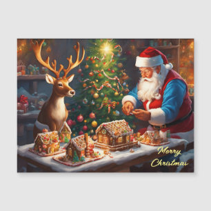 Santa and reindeer make gingerbread house