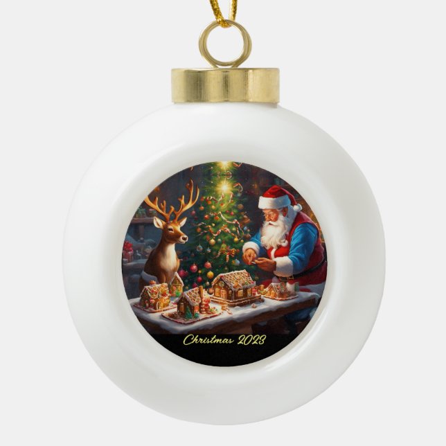 Santa and reindeer make gingerbread house ceramic ball christmas ornament (Front)