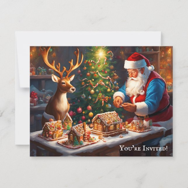 Santa and reindeer make gingerbread house invitation (Front)