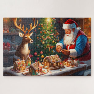 Santa and reindeer make gingerbread house jigsaw puzzle
