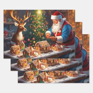 Santa and reindeer make gingerbread house wrapping paper sheet