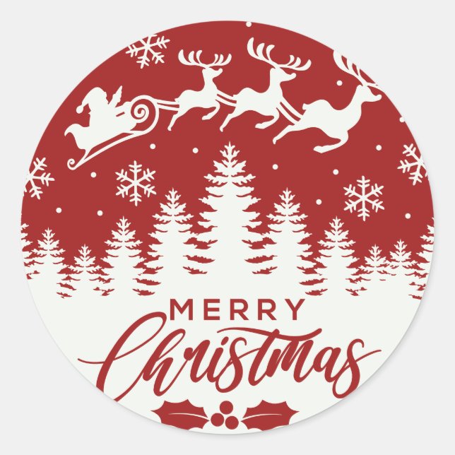 Santa  and Reindeer Merry Christmas | Sleigh Classic Round Sticker (Front)
