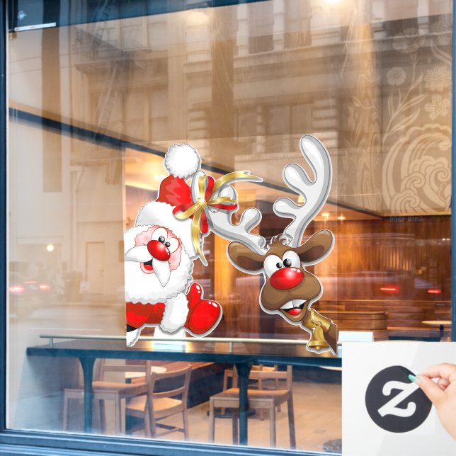 Santa and Reindeer Merry Christmass Happy Cartoon (Cafe Window)