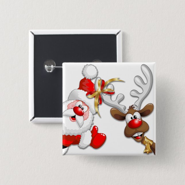 Santa and Reindeer Merry Christmass Happy Cartoon 15 Cm Square Badge (Front & Back)