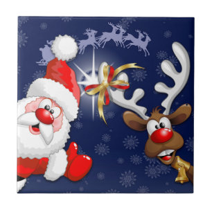 Santa and Reindeer Merry Christmass Happy Cartoon Ceramic Tile