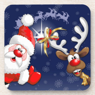 Santa and Reindeer Merry Christmass Happy Cartoon Coaster