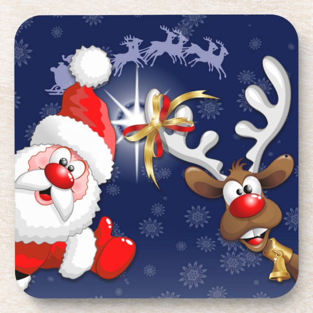 Santa and Reindeer Merry Christmass Happy Cartoon Coaster (Front)