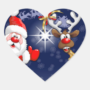 Santa and Reindeer Merry Christmass Happy Cartoon Heart Sticker
