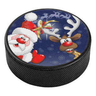 Santa and Reindeer Merry Christmass Happy Cartoon Hockey Puck