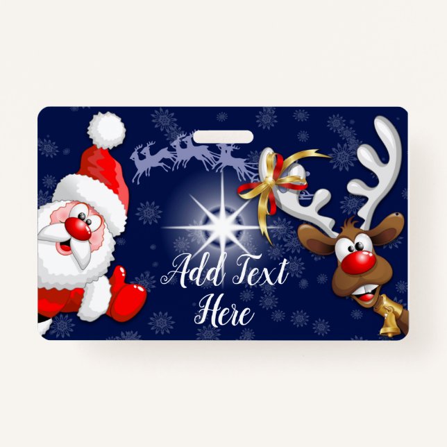 Santa and Reindeer Merry Christmass Happy Cartoon ID Badge (Front)