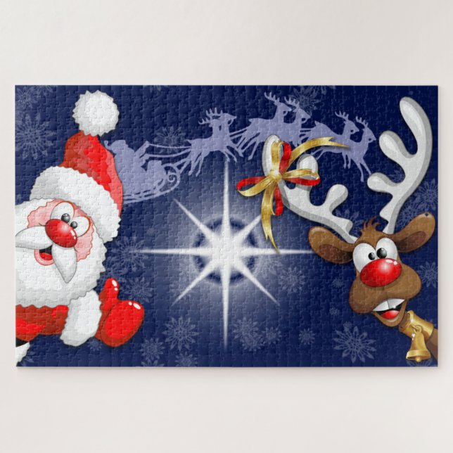Santa and Reindeer Merry Christmass Happy Cartoon Jigsaw Puzzle (Horizontal)