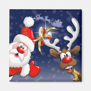 Santa and Reindeer Merry Christmass Happy Cartoon Magnet