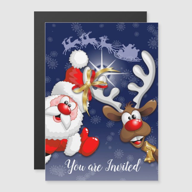 Santa and Reindeer Merry Christmass Happy Cartoon Magnetic Invitation (Front/Back)