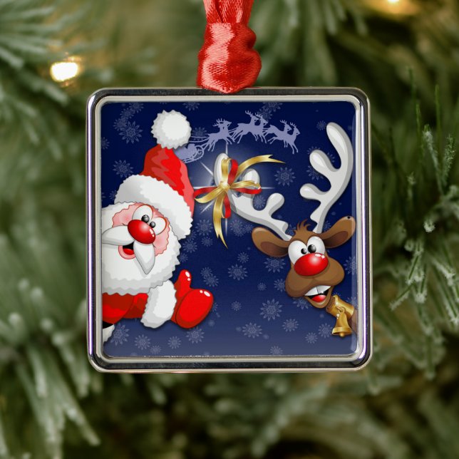 Santa and Reindeer Merry Christmass Happy Cartoon Metal Ornament (Tree)