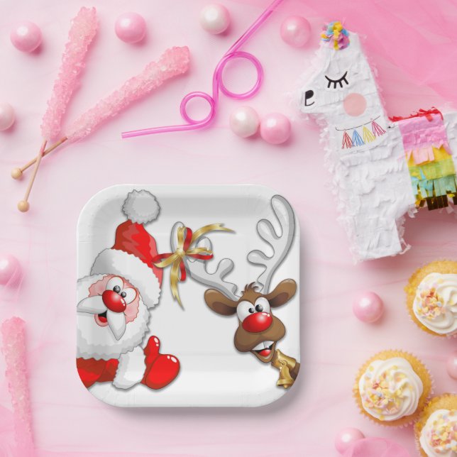Santa and Reindeer Merry Christmass Happy Cartoon Paper Plate (Party)