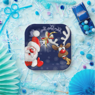 Santa and Reindeer Merry Christmass Happy Cartoon Paper Plate