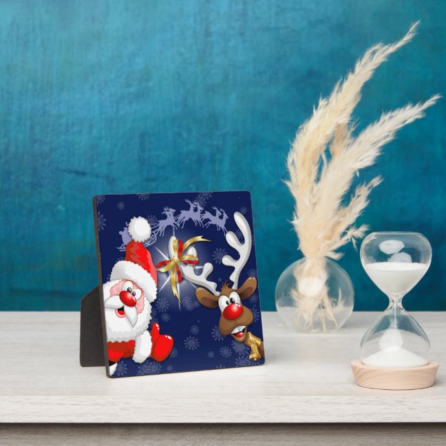 Santa and Reindeer Merry Christmass Happy Cartoon Plaque (Insitu)