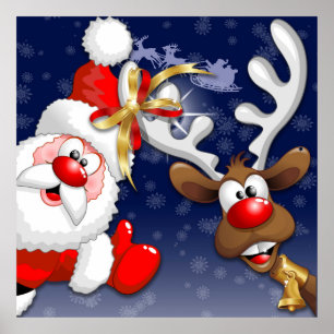 Santa and Reindeer Merry Christmass Happy Cartoon Poster