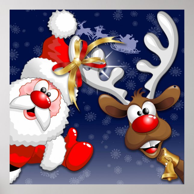 Santa and Reindeer Merry Christmass Happy Cartoon Poster (Front)