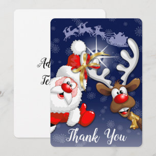 Santa and Reindeer Merry Christmass Happy Cartoon Thank You Card