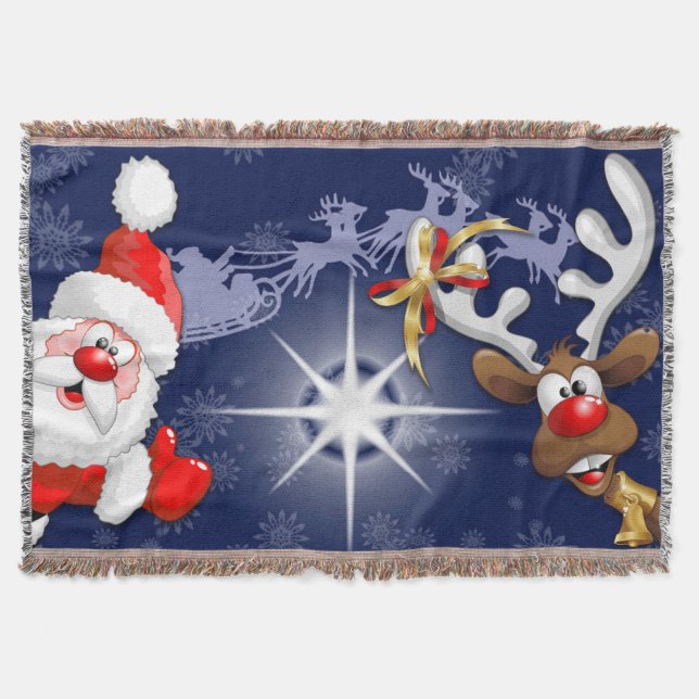 Santa and Reindeer Merry Christmass Happy Cartoon Throw Blanket (Front)