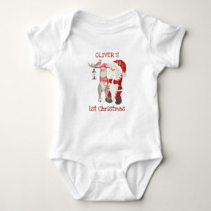 Santa and Reindeer Moose First Christmas Custom Baby Bodysuit