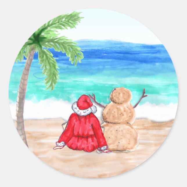 Santa and Reindeer on Beach Classic Round Sticker (Front)
