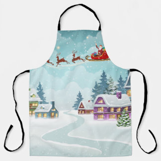 Santa and Reindeer on Christmas Background. Winter Apron