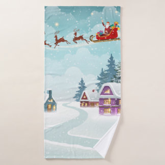 Santa and Reindeer on Christmas Background. Winter Bath Towel
