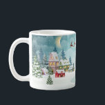 Santa and Reindeer on Christmas Background. Winter Coffee Mug<br><div class="desc">Santa and Reindeer on Christmas Background. Winter Christmas scene with snow covered houses and pine forest. Holiday vintage Background</div>