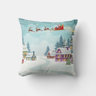 Santa and Reindeer on Christmas Background. Winter Cushion
