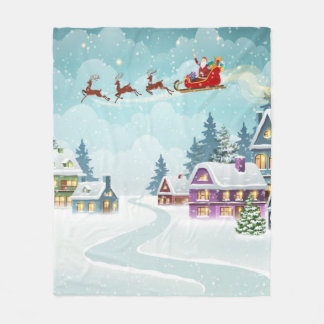 Santa and Reindeer on Christmas Background. Winter Fleece Blanket