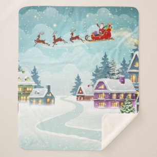 Santa and Reindeer on Christmas Background. Winter Sherpa Blanket