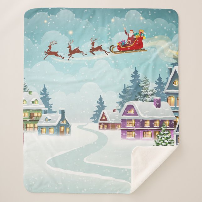 Santa and Reindeer on Christmas Background. Winter Sherpa Blanket (Front)