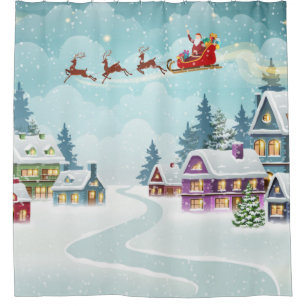 Santa and Reindeer on Christmas Background. Winter Shower Curtain