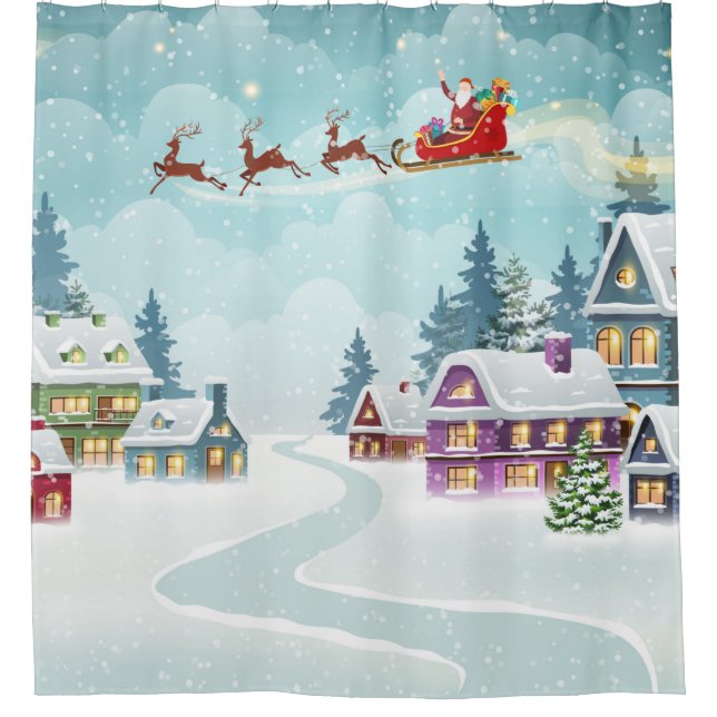 Santa and Reindeer on Christmas Background. Winter Shower Curtain (Front)