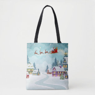 Santa and Reindeer on Christmas Background. Winter Tote Bag