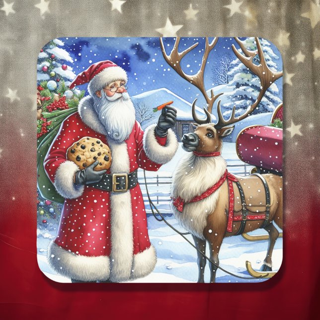 Santa and Reindeer on Christmas Eve Square Sticker (Creator Uploaded)