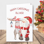 Santa and Reindeer Personalised Kids Holiday Card<br><div class="desc">Christmas Card personalised with your child's name and your own custom message. The cute watercolor design features santa and his helpers - a reindeer and cardinal Christmas bird.</div>